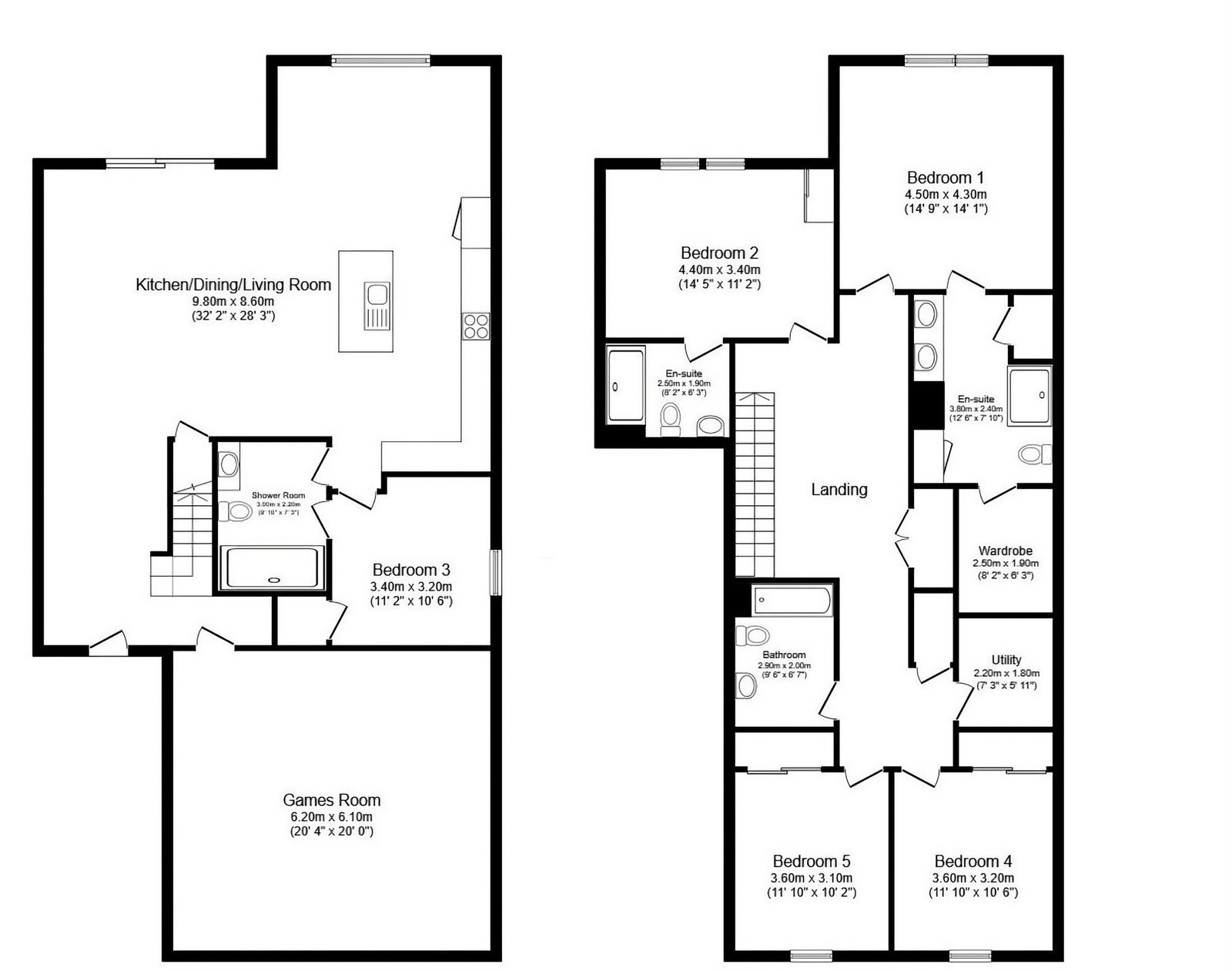 5-bedroom layout: 1 downstairs bedroom, 4 upstairs, garage game room, private pool