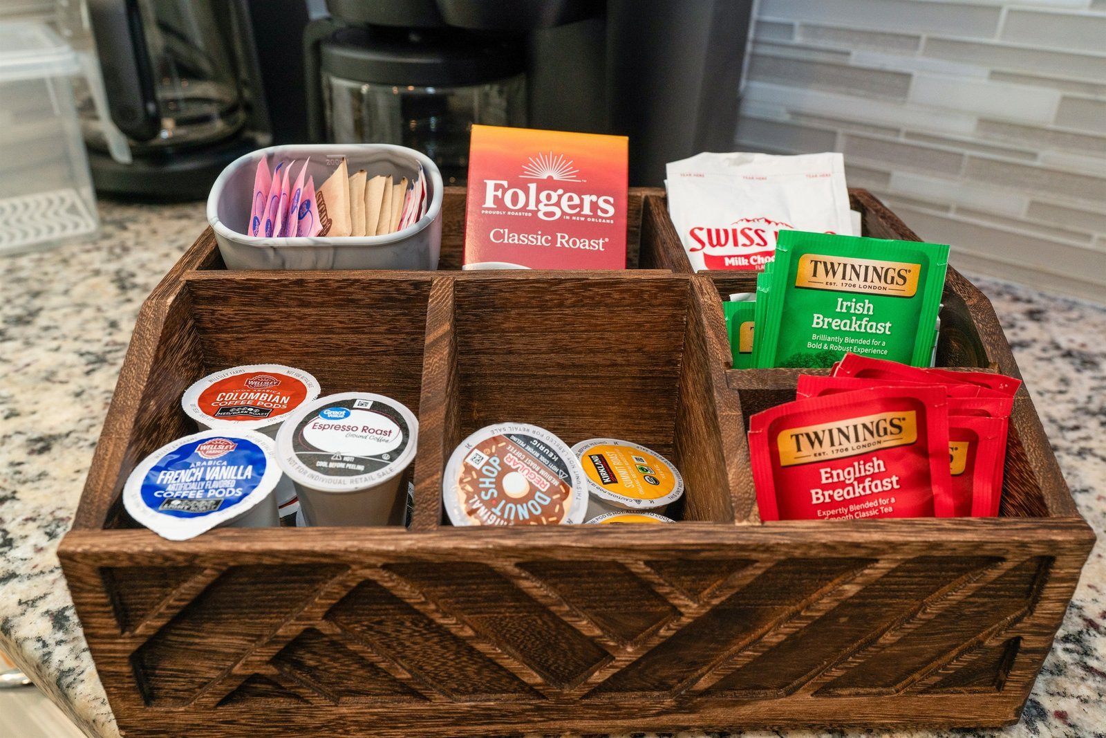 Coffee station with Keurig, pods, teas, hot chocolate